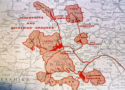 map of proposed mid-Wales reservoirs, late 19th. century map of proposed mid-Wales reservoirs, late 19th. century